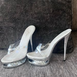 Very sexy clear top mules with silver sparkles
